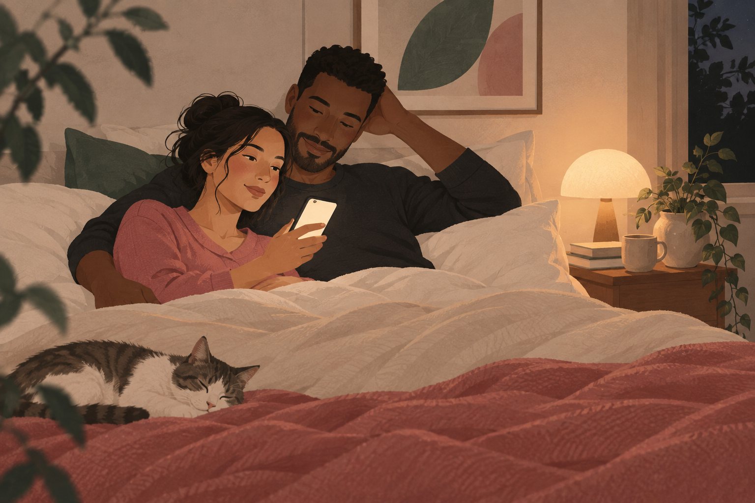 Couple in bed with the lights low, one phone showing a single question card