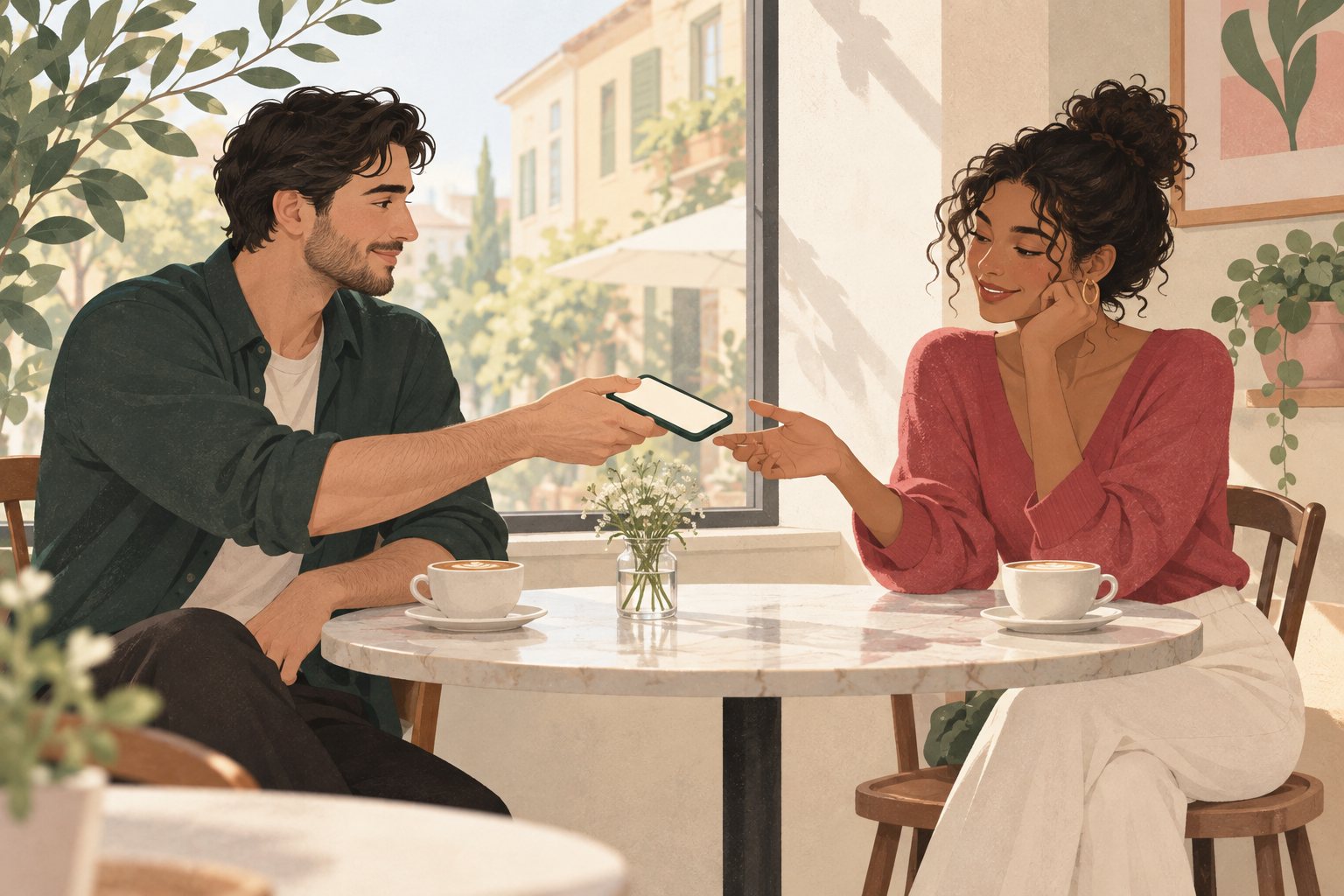 A café table with two coffees where one partner hands a phone to the other for the guessing round of the couples quiz