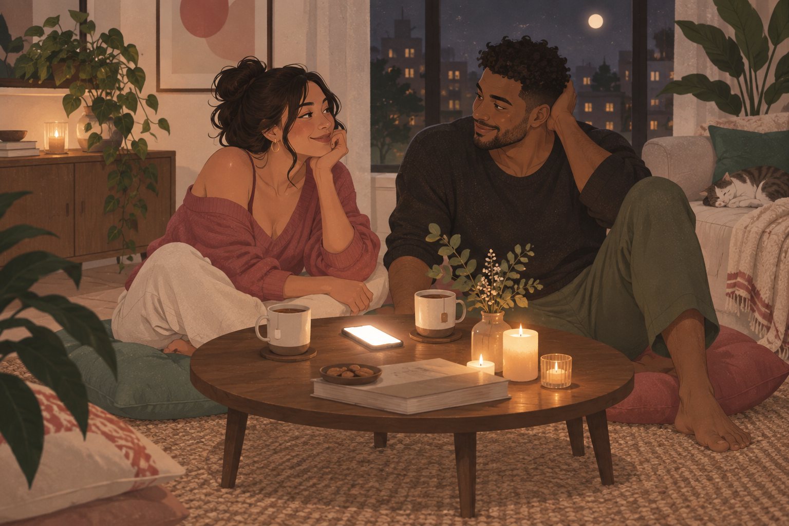 Date night at home: two people on cushions by candlelight with a phone showing a drawn truth or dare card