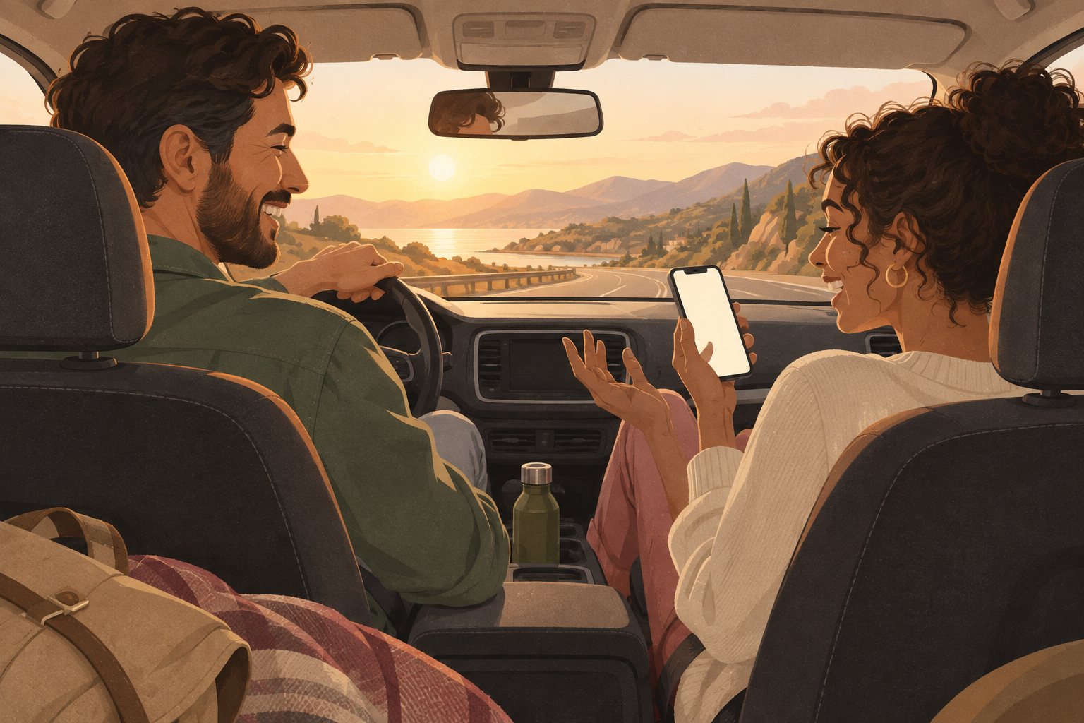 Couple on a road trip: the passenger reads a would you rather card from a phone while the driver laughs